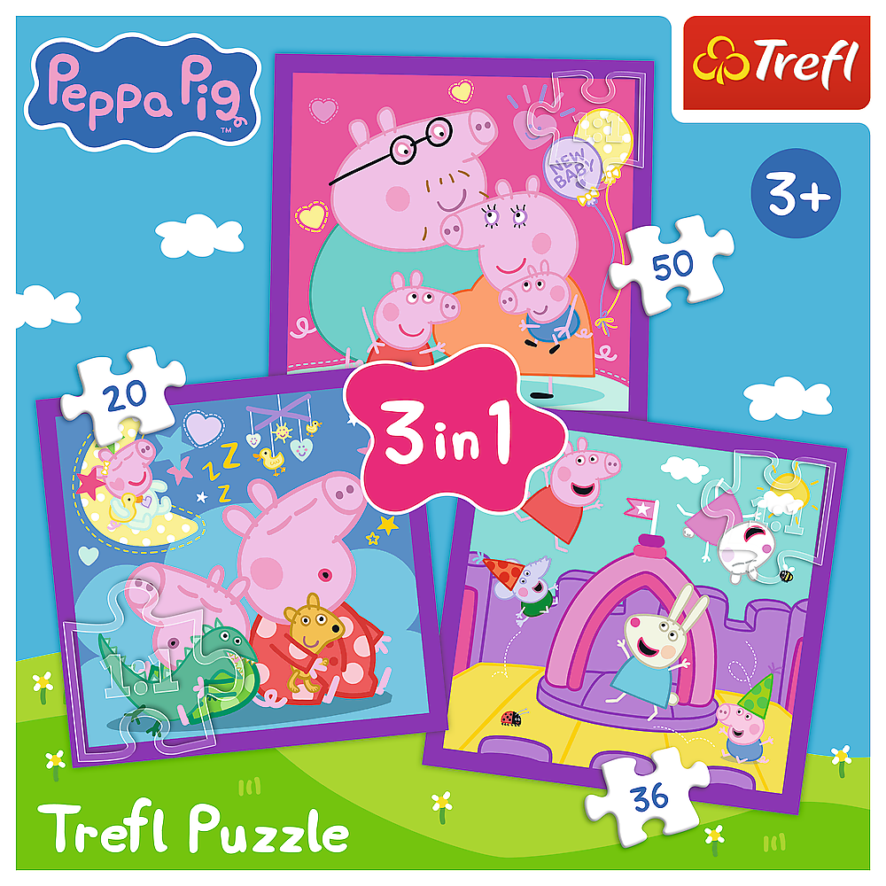 Peppa Pig 3in1 puzle Trefl bērniem no 3 gadiem ar 20, 36 un 50 gabaliņiem oriģinālajā iepakojumā