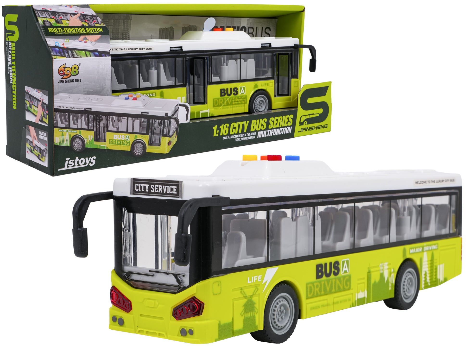 pilsetas autobuss 1-16 zalss ar gaismam un skanam atveramas durvis ar klokii