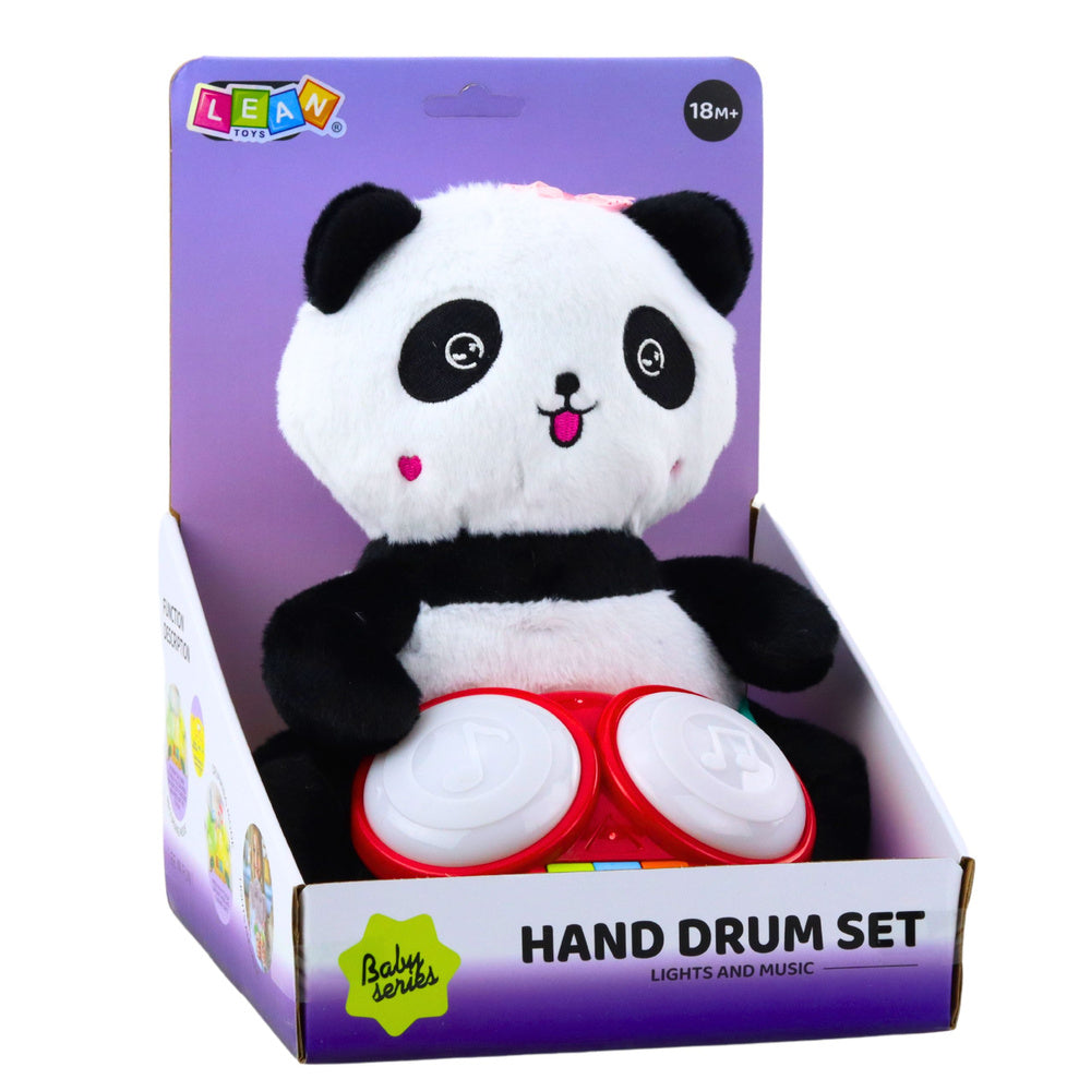 Plīša panda ar bungām, gaismas un mūzikas efektiem iepakojumā