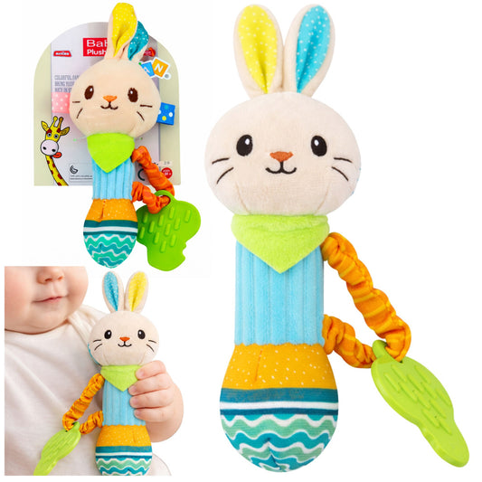 Plīša zaķa grabulītis ar graužamo lapiņu un pīkstuli mazuļiem