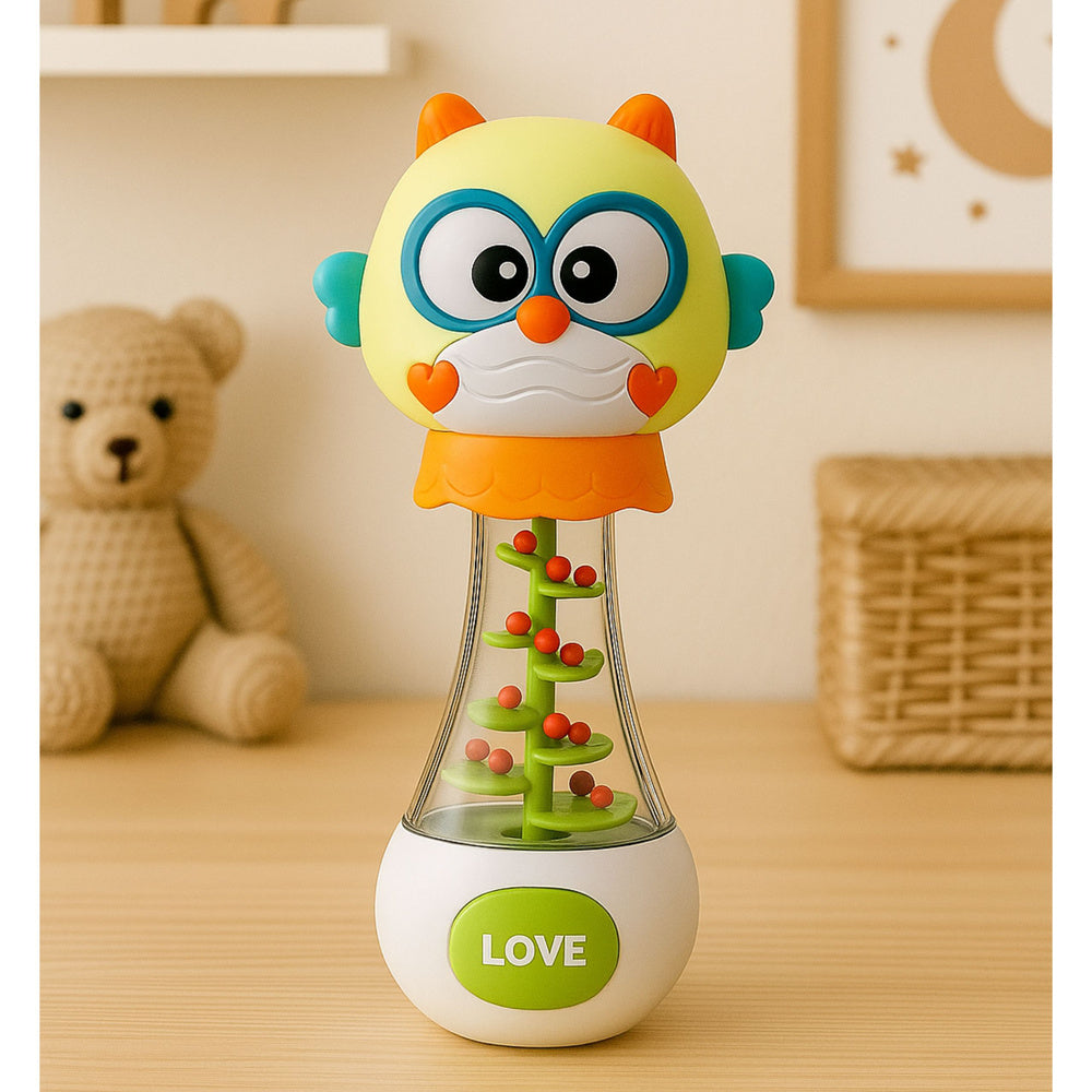 Mazuļa grabulītis pūce ar krāsainām bumbiņām – sensorā rotaļlieta 17 cm (3m+)