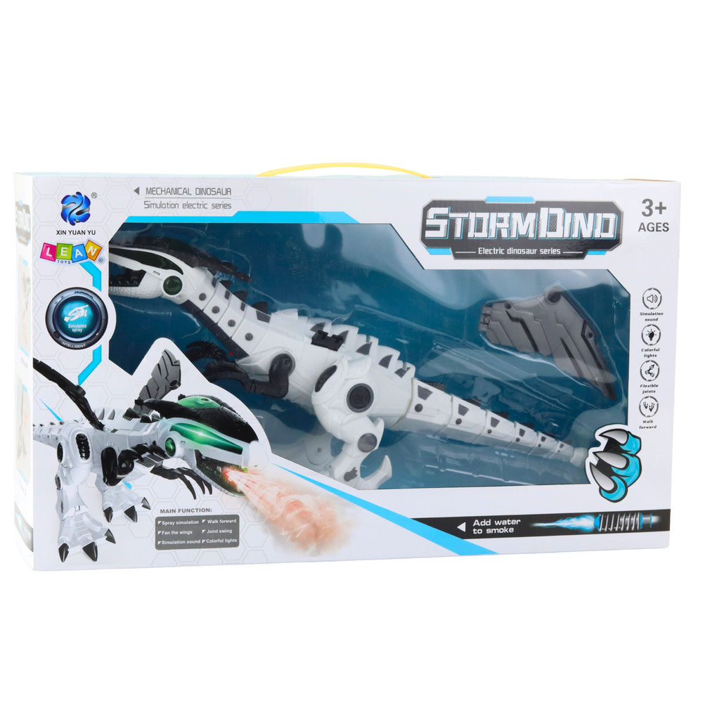 Ar baterijām darbināms dinozaurs robots ardūmu efektu, gaismām un skaņu (balts)