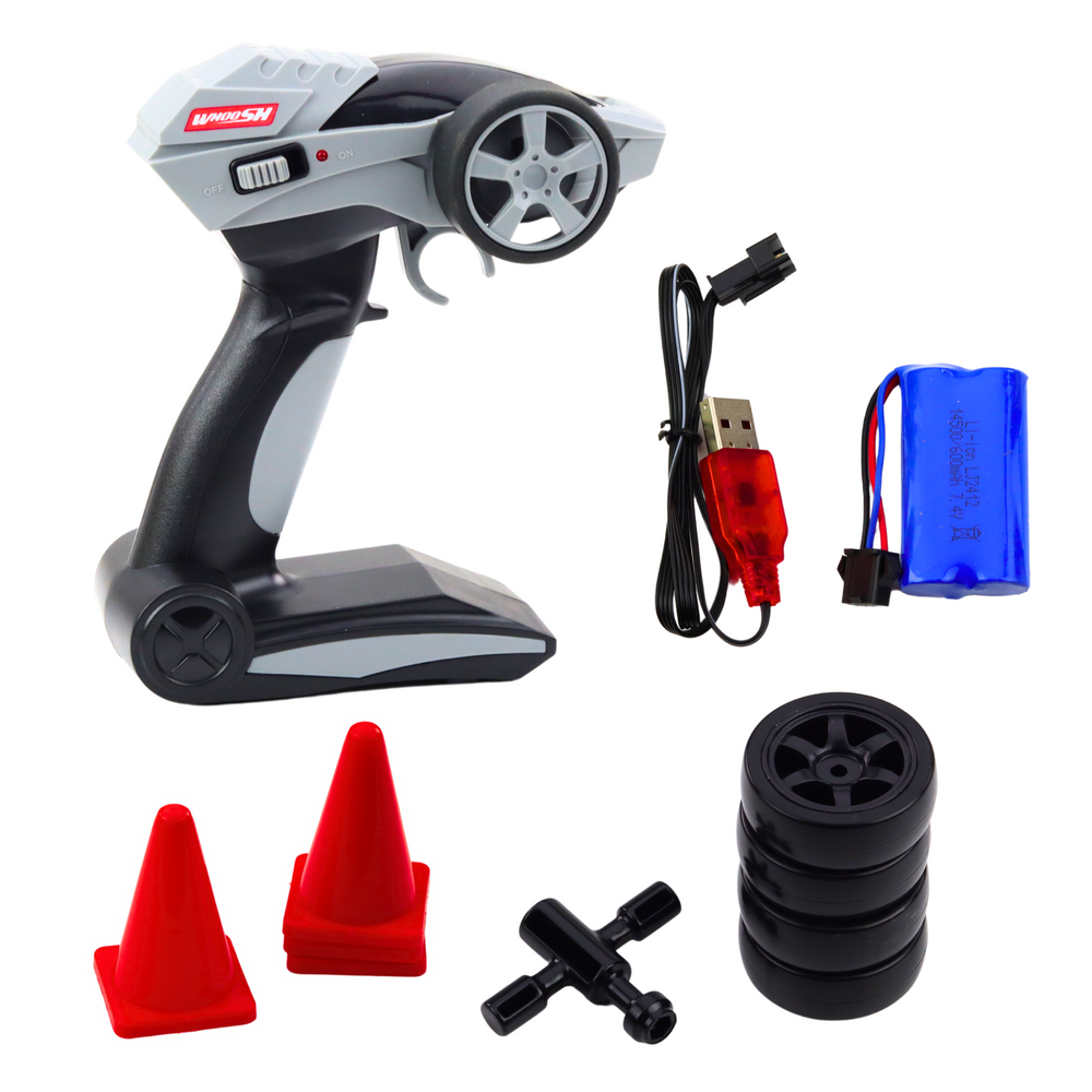 Tālvadības 4x4 RC sacīkšu auto 1:16 (sudraba) – līdz 30 km/h, LED, rezerves riepas (6+)