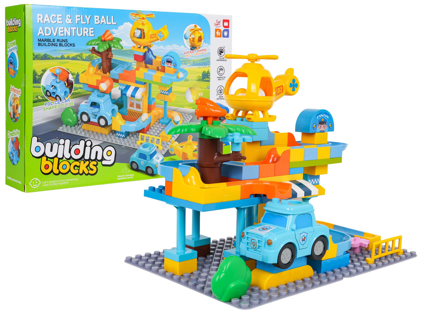 Lielo klucīšu policijas iecirkņa komplekts ar bumbiņu trasi, policijas auto un helikopteru, 93 detaļas