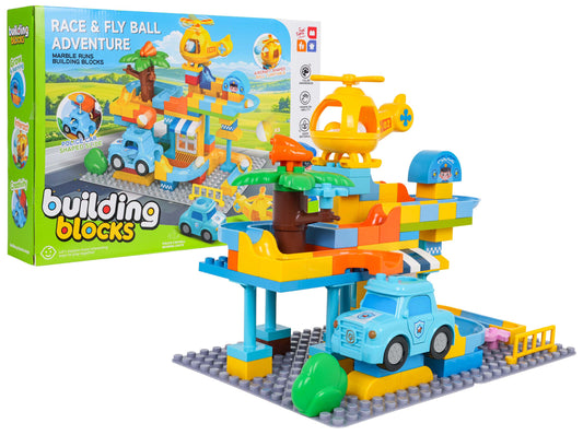 Lielo klucīšu policijas iecirkņa komplekts ar bumbiņu trasi, policijas auto un helikopteru, 93 detaļas