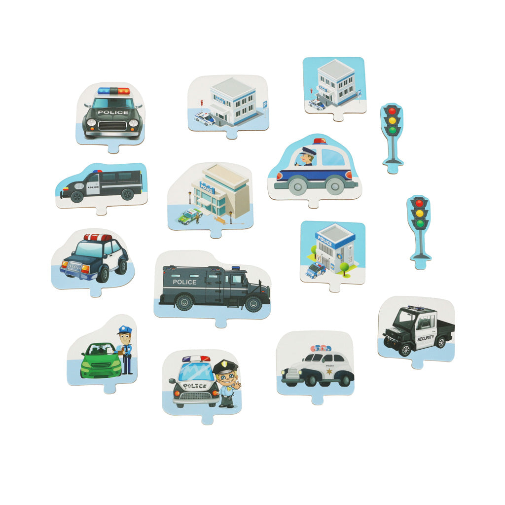 Policijas tematikas puzles figūriņas — policijas ēkas, auto, busiņi, luksofori un policisti