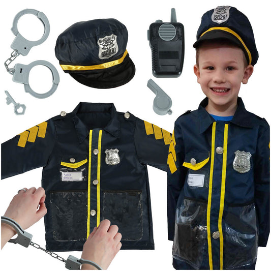 Bērnu policista karnevāla komplekts – jaka, cepure, rokdzelži, svilpe un rotaļu rācija (3–8 gadi).