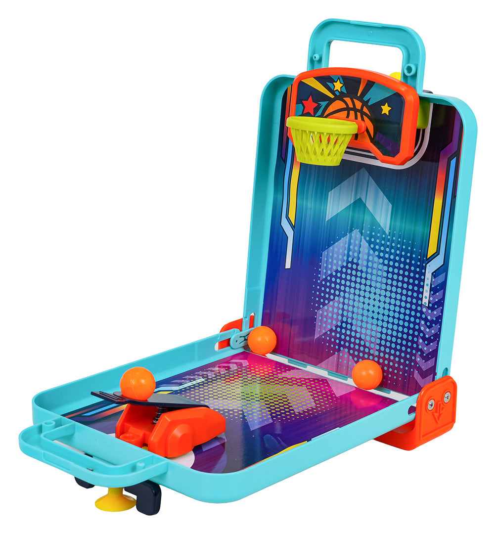 Portatīva mini basketbola galda spēle ar metēja mehānismu un oranžām bumbiņām