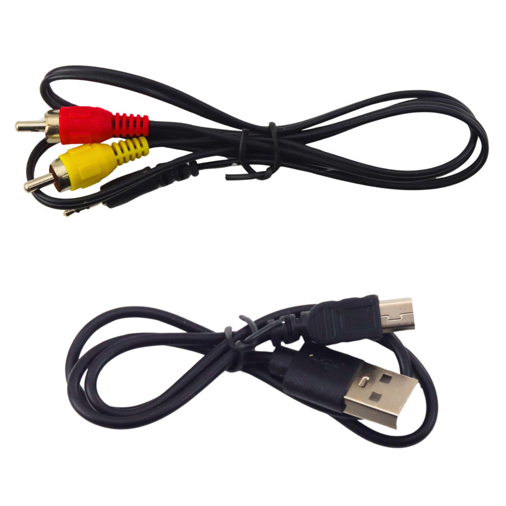 Portatīvās spēļu konsoles piederumi – AV kabelis (RCA) un USB uzlādes vads