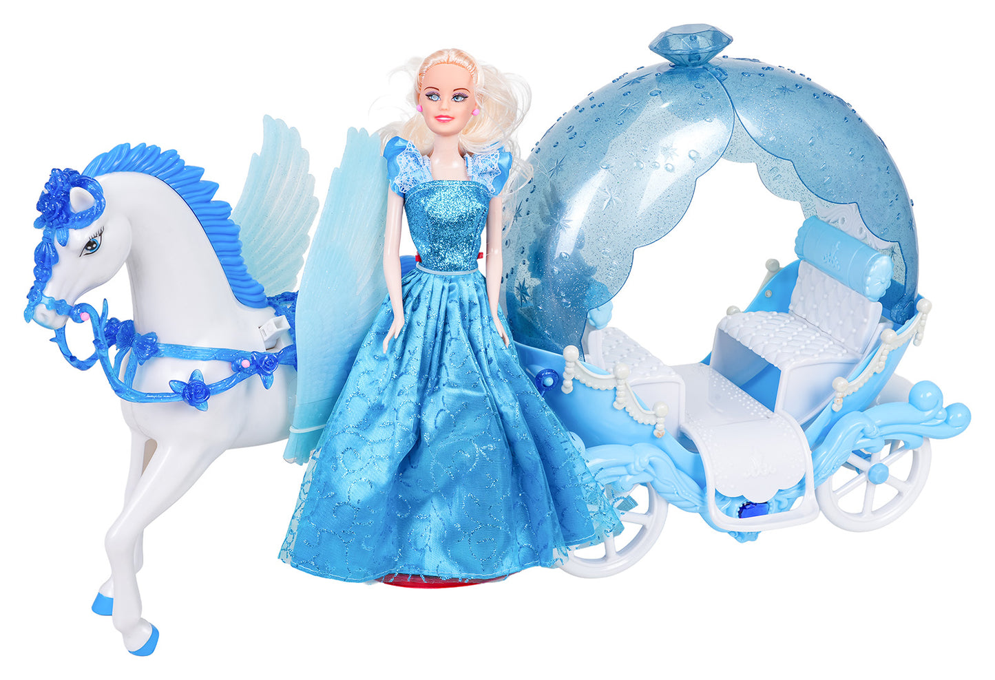 Princese lelle ar spārnainu zirdziņu un karieti zilā krāsā, 3+