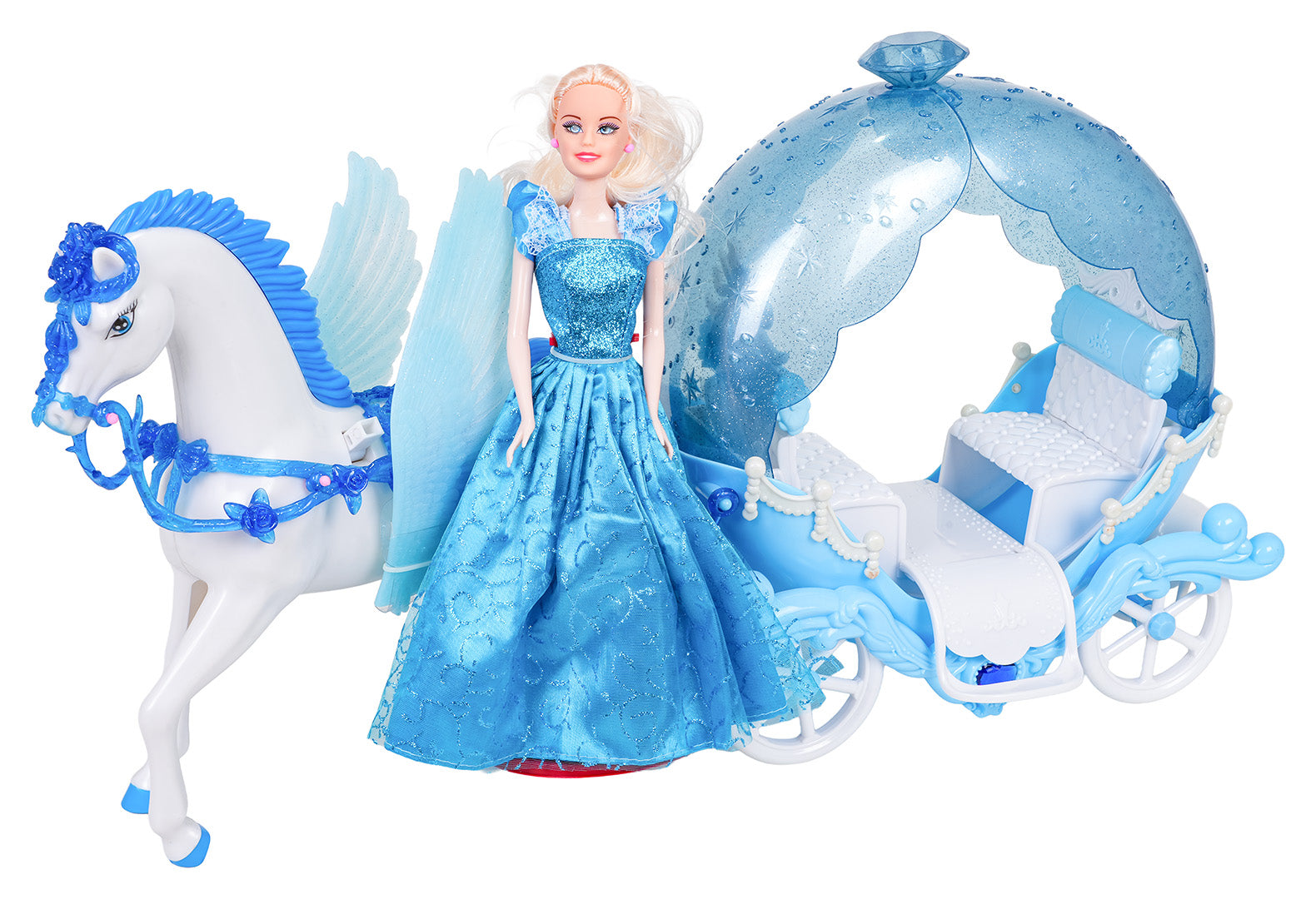 Princese lelle ar spārnainu zirdziņu un karieti zilā krāsā, 3+