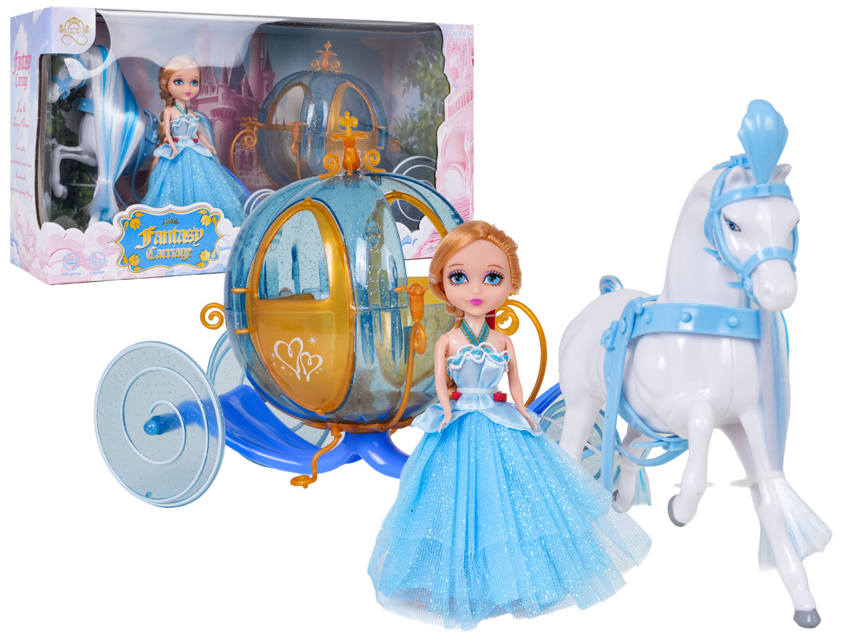 Princeses lelle ar baltu zirgu un zilu karieti bērniem no 3 gadiem