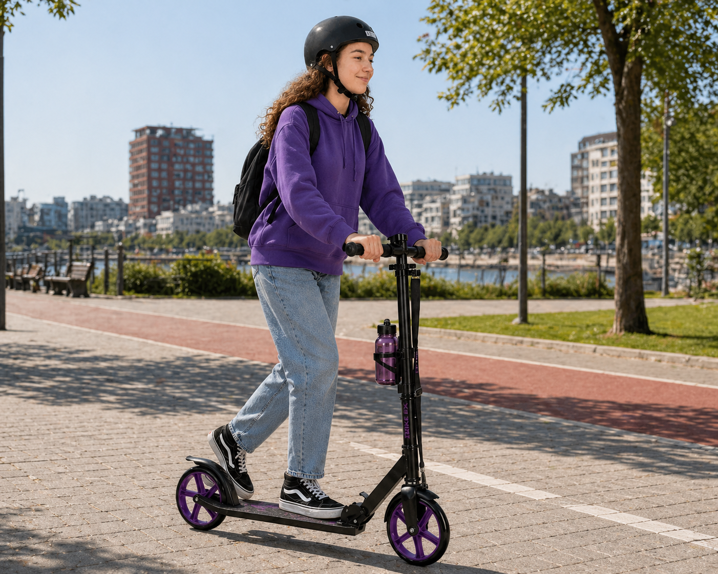 Pusaudze ar ķiveri brauc ar Trike Fix skrejriteni ar violetiem riteņiem