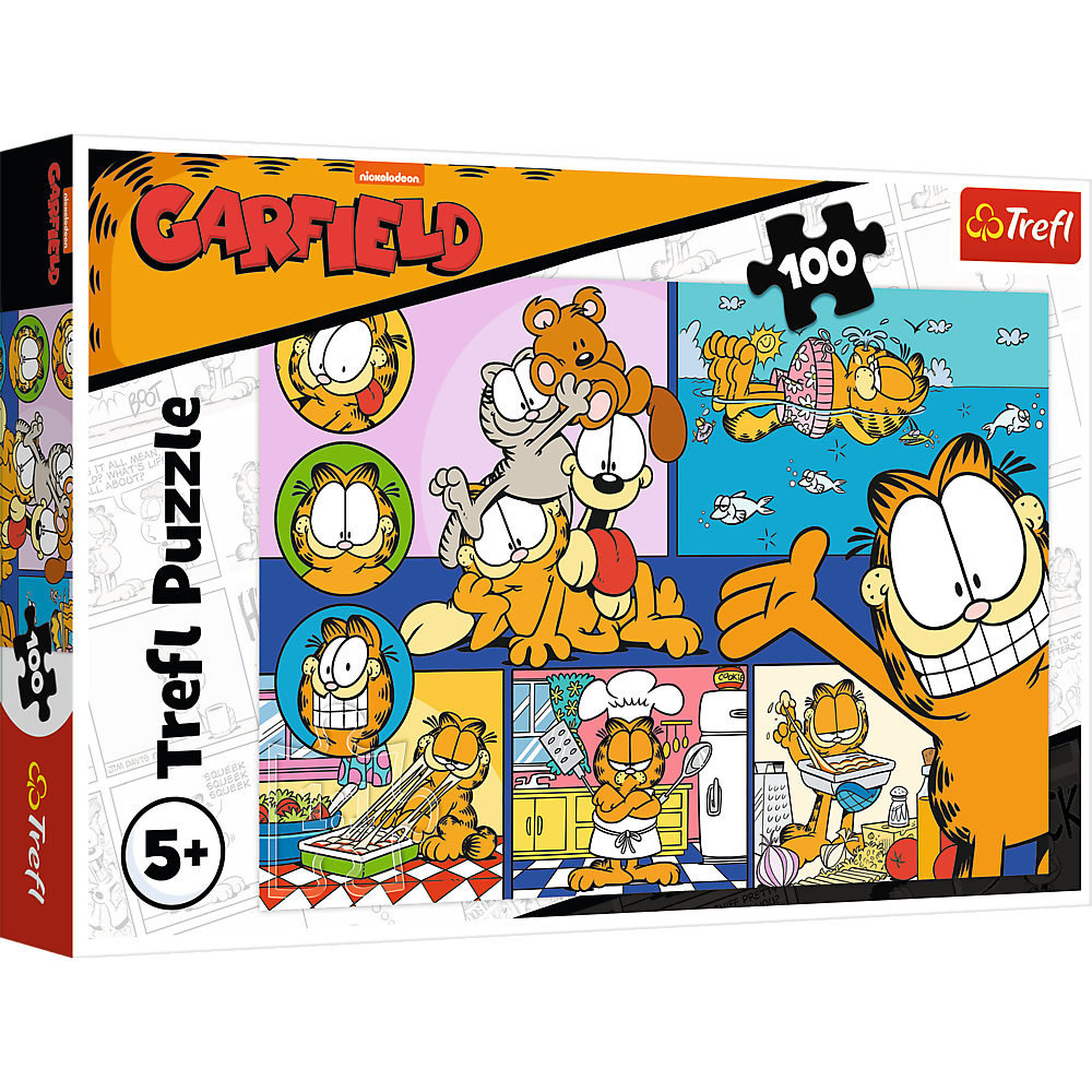 Trefl 100 gabalu puzle “Slinkais Gārfīlds” ar Garfield ilustrācijām