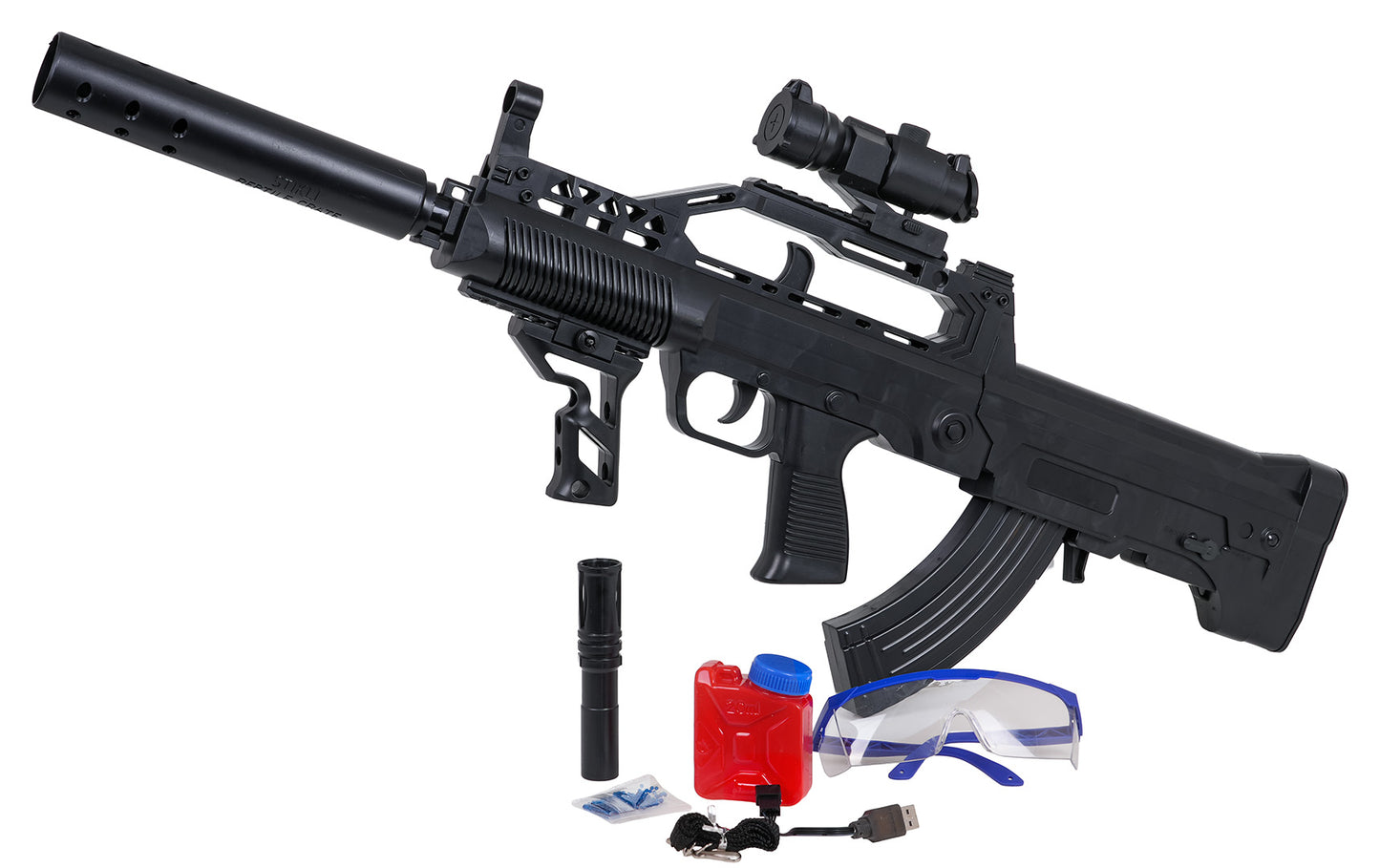 QBZ95 gēla lodīšu blasteris ar tēmēkli, dekoratīvu uzgali, aizsargbrillēm un akumulatoru (14+)