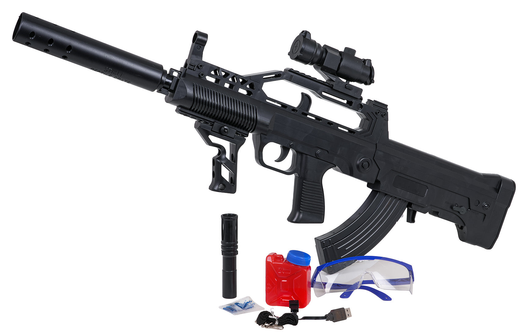 QBZ95 gēla lodīšu blasteris ar tēmēkli, dekoratīvu uzgali, aizsargbrillēm un akumulatoru (14+)