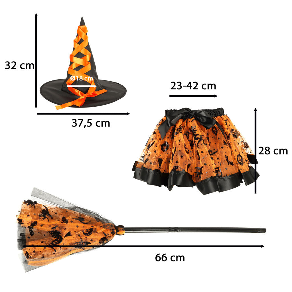 Raganiņas kostīma izmēri: cepure 37,5 cm (iekšējais Ø18 cm, augstums 32 cm), svārki 23–42 cm x 28 cm, slota 66 cm; oranžs-melns komplekts.