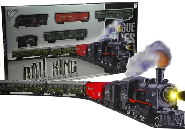 Liels elektriskais vilciens “Rail King” ar dūmiem un gaismu, 4 vagoni, stacija un elipses sliedes 156 cm
