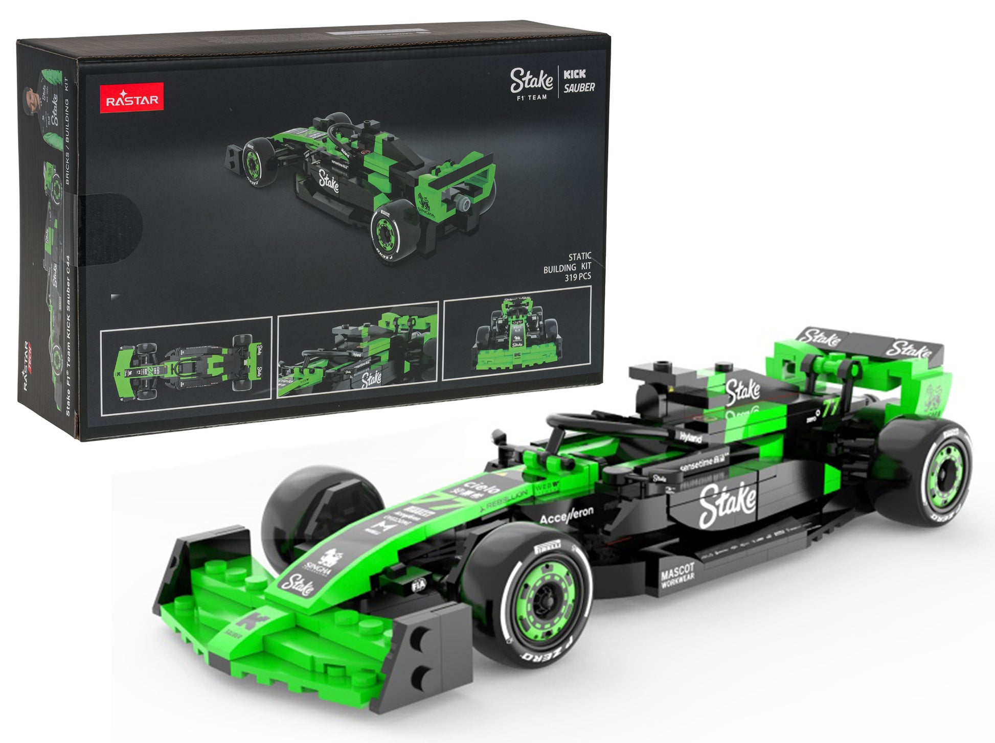 RASTAR F1 klucīšu konstruktors Stake Sauber C44 1:24, zaļi melns bolīda modelis ar 319 detaļām