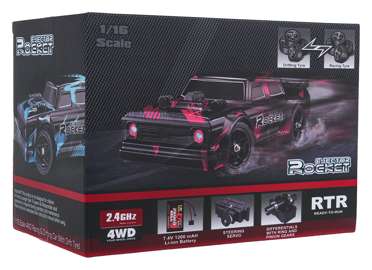RC drifta un sacīkšu auto Ejector Rocket 1:16 mēroga iepakojumā