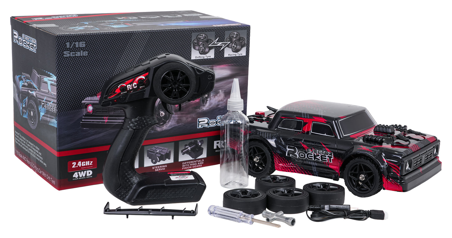 RC drifta auto Ejector Rocket komplekts ar pulti, riepām, lādētāju un piederumiem