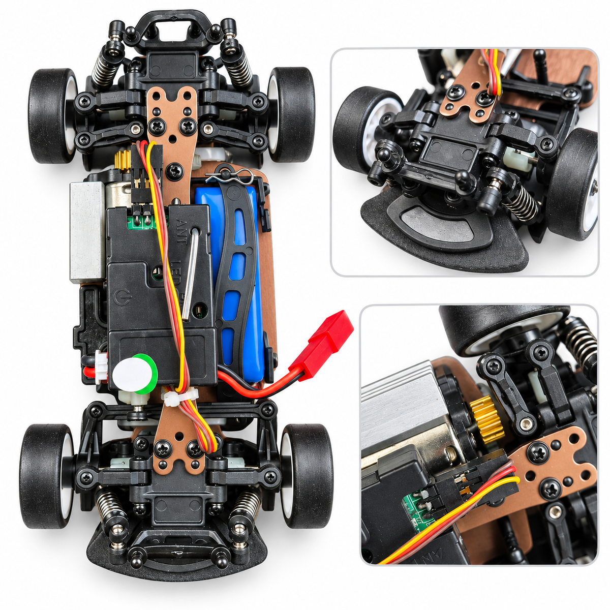 RC auto šasija ar amortizatoriem, motoru, akumulatoru un stūres mehānismu