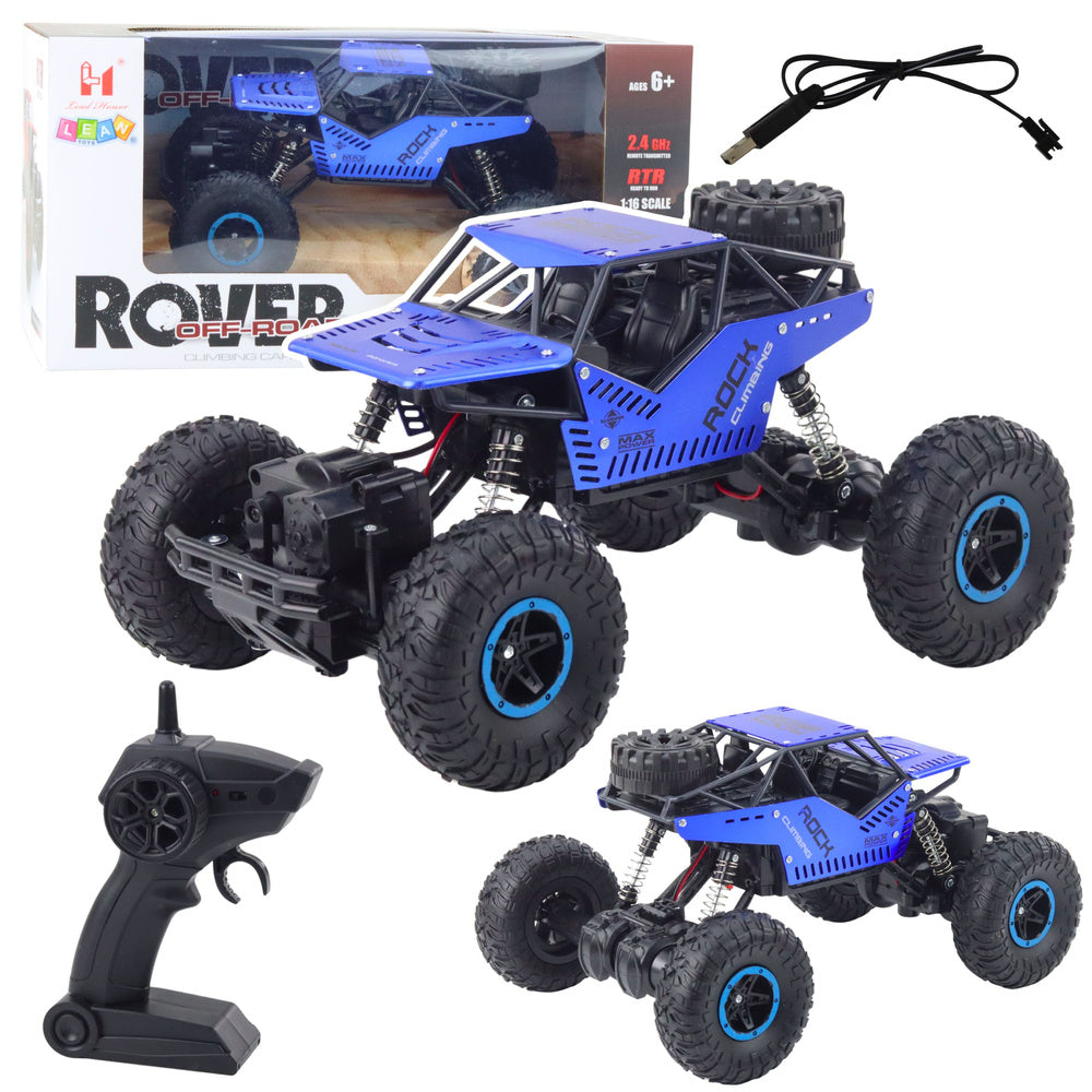 RC bezceļu auto 1:16 zilā krāsā ar tālvadības pulti, lielām riepām un USB uzlādi