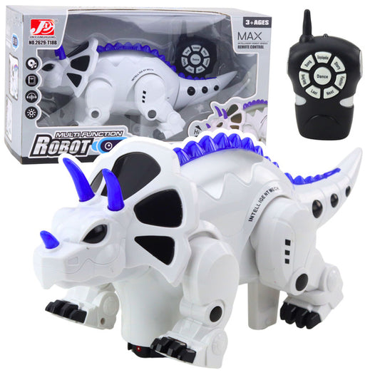 RC dinozaura robots Triceratops ar tālvadības pulti — balta rotaļlieta ar zilām detaļām un iepakojumu
