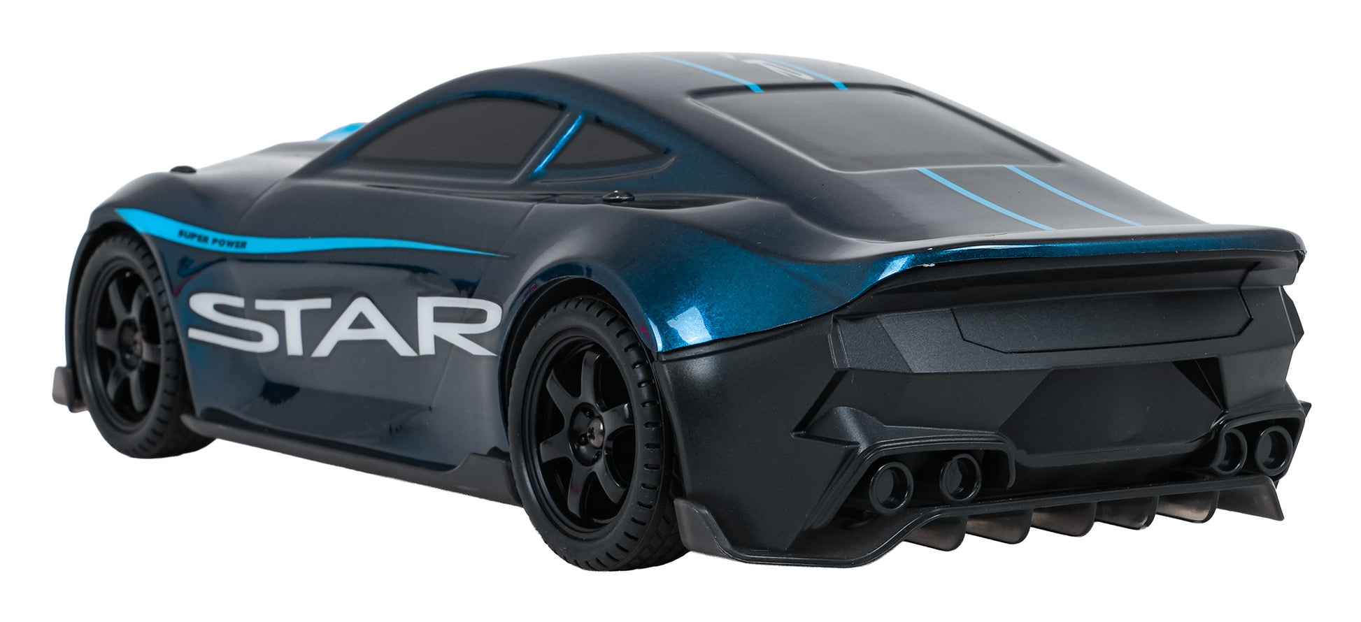 Tālvadības drift mašīna “Star” – skats no aizmugures ar aerodinamisku dizainu un melniem sporta diskiem
