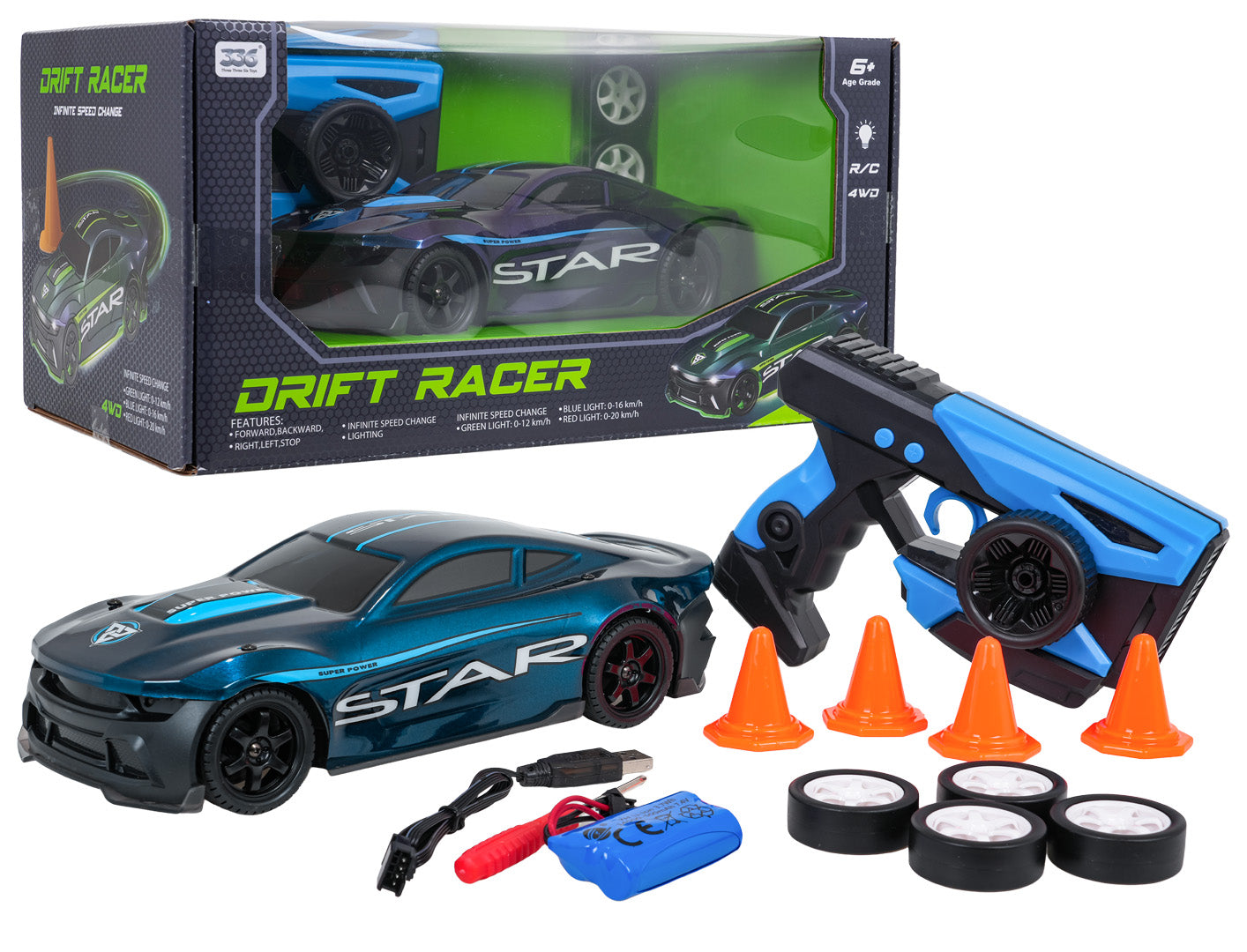 Zila R/C drift mašīna STAR ar pistoles pulti, drift riteņiem, konusiem un lādētāju, kaste fonā