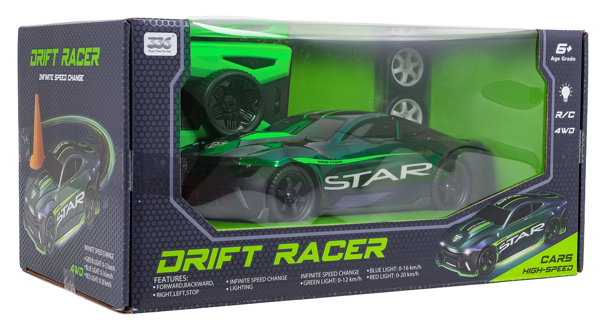Zaļa melna RC drifta mašīna “Drift Racer” iepakojumā ar pulti un 4WD marķējumu priekšpusē.