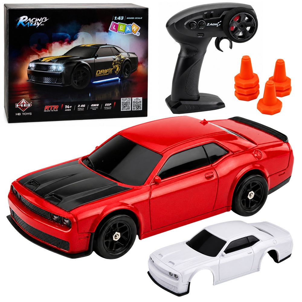 RC drifta auto 1:43 sarkanā krāsā ar žiroskopu, 4WD piedziņu, maināmu virsbūvi, konusiem un pulti