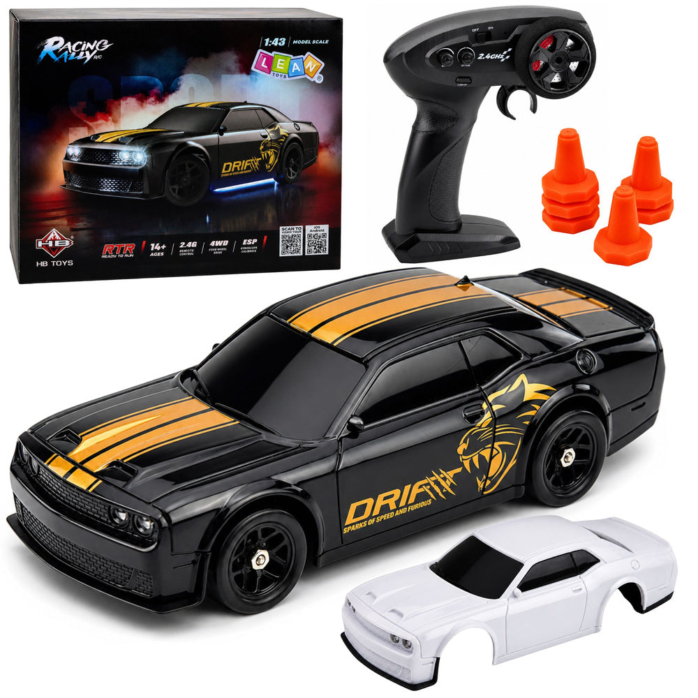 RC drifta auto 1:43 ar žiroskopu, 4WD piedziņu, maināmu virsbūvi, konusiem un pulti