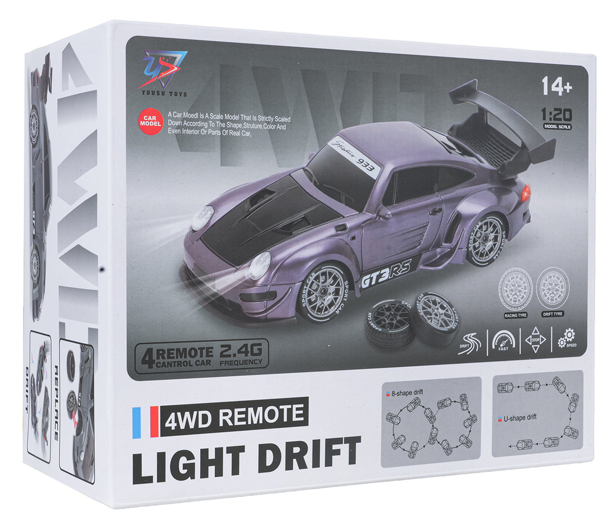 RC drifta auto 4WD, 2.4 GHz, mērogs 1:20 — iepakojums