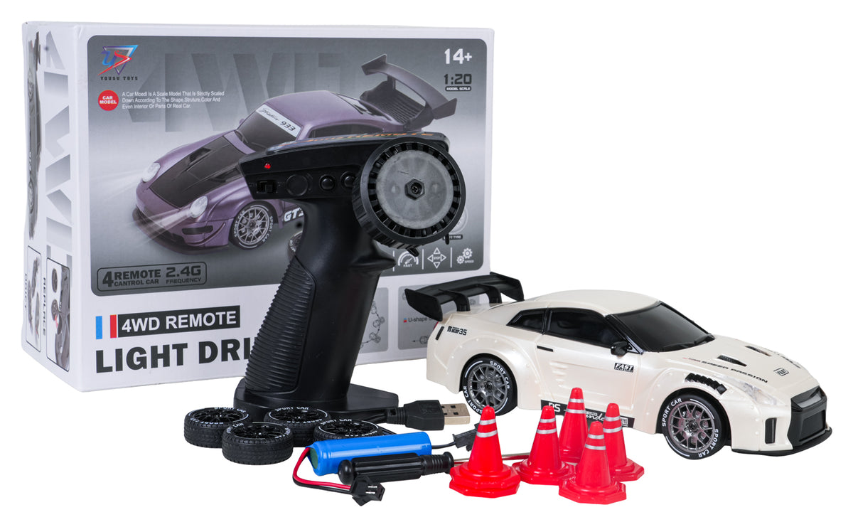 RC drifta auto 4WD balts 1:20 pilns komplekts ar pulti, riepām un konusiem