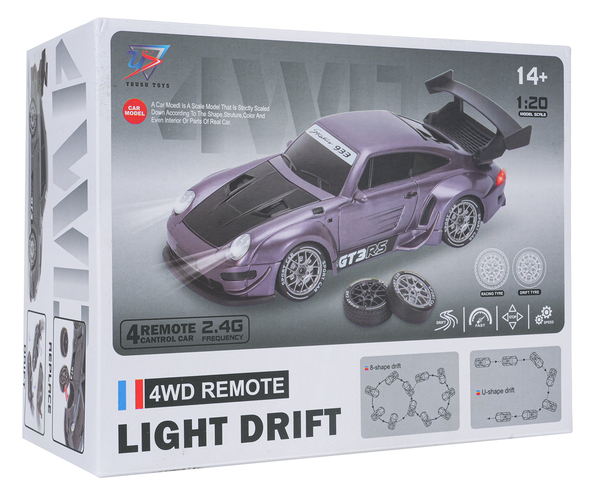 RC drifta auto 4WD Light Drift 1:20 kaste ar 2.4 GHz vadību un maināmām riepām