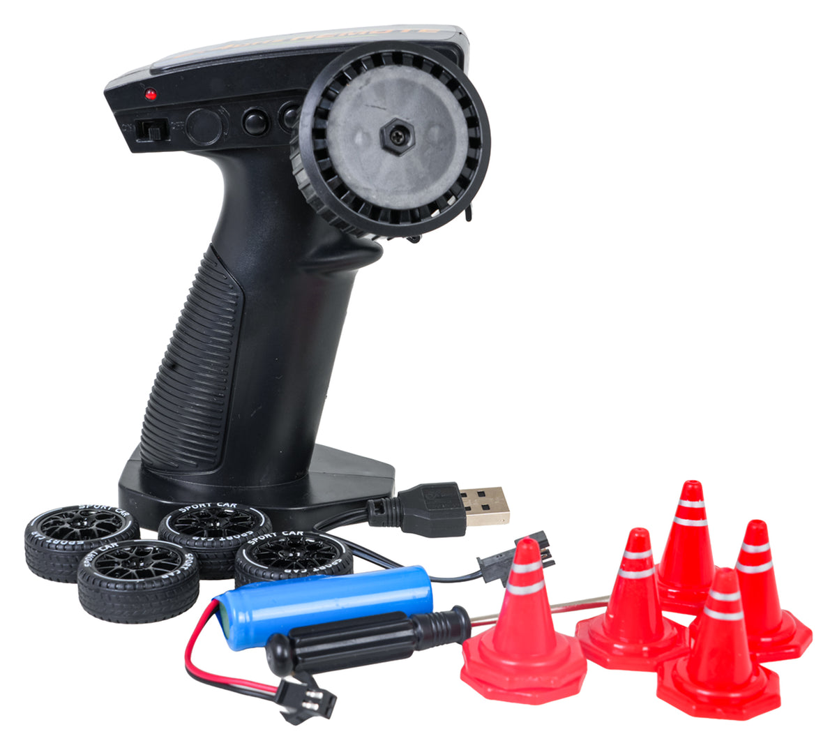 RC drifta auto komplekta piederumi ar pistoles tipa pulti, 4 rezerves riepām, akumulatoru, USB lādētāju un 6 konusiem