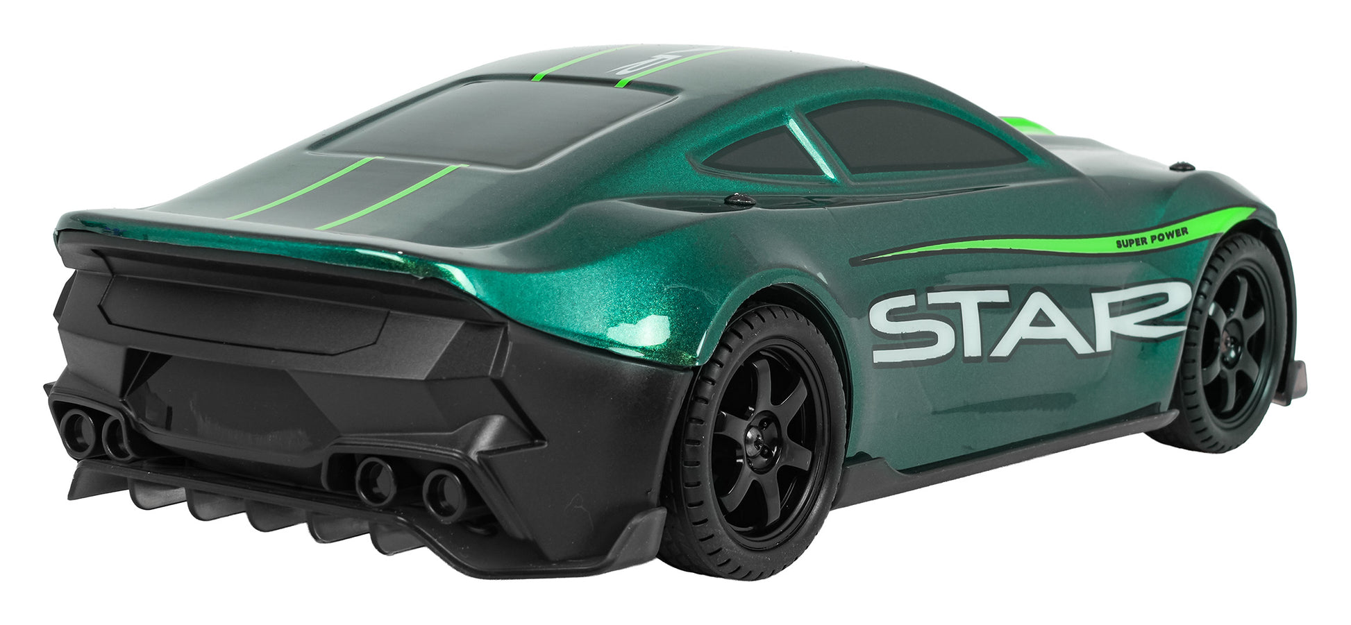 rc drifta mašīna zaļā krāsā aizmugures skats