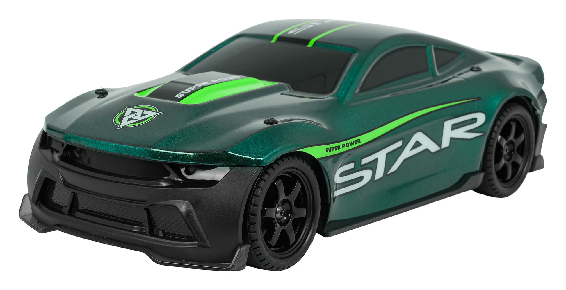 rc drifta mašīna zaļa priekšpuse un sānskats