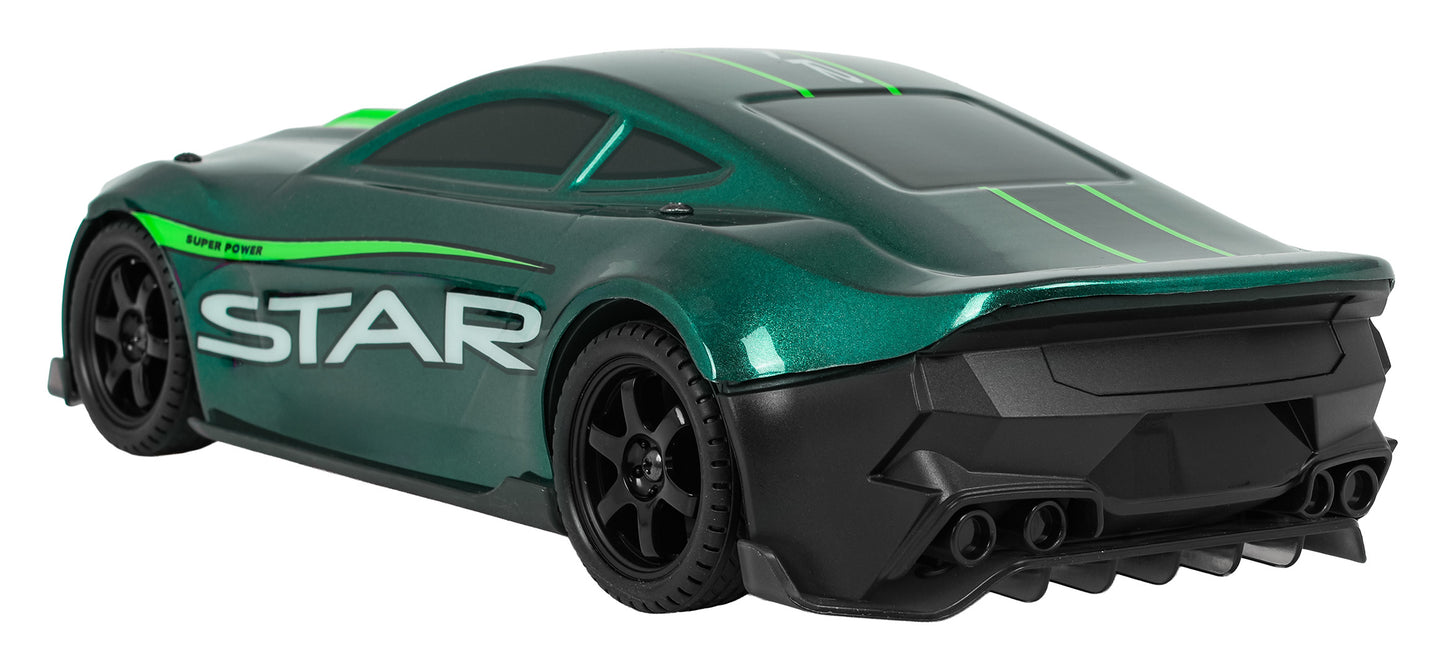 rc drifta mašīna zaļa sānskats un aizmugure