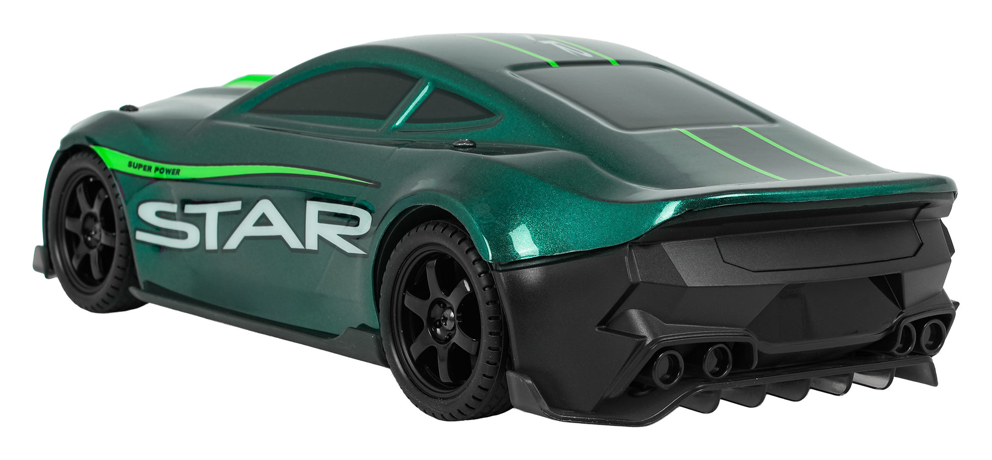 rc drifta mašīna zaļa sānskats un aizmugure