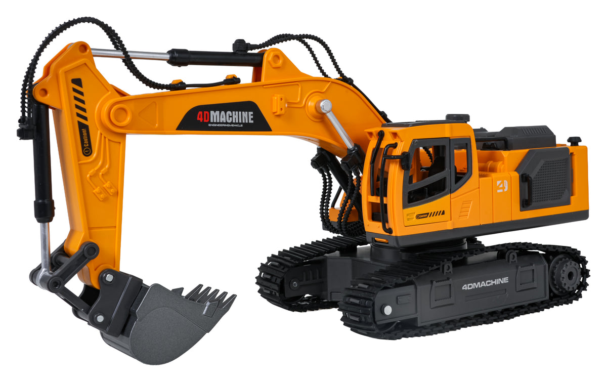 RC kāpurķēžu ekskavators 4D Machine oranžā krāsā, labais sānskats