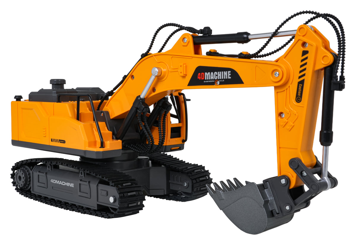 RC kāpurķēžu ekskavators 4D Machine oranžā krāsā, skats no priekšpuses