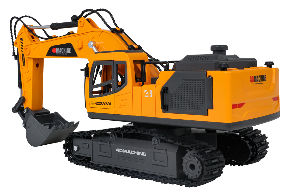 RC kāpurķēžu ekskavators 4D Machine oranžā krāsā, sānskats