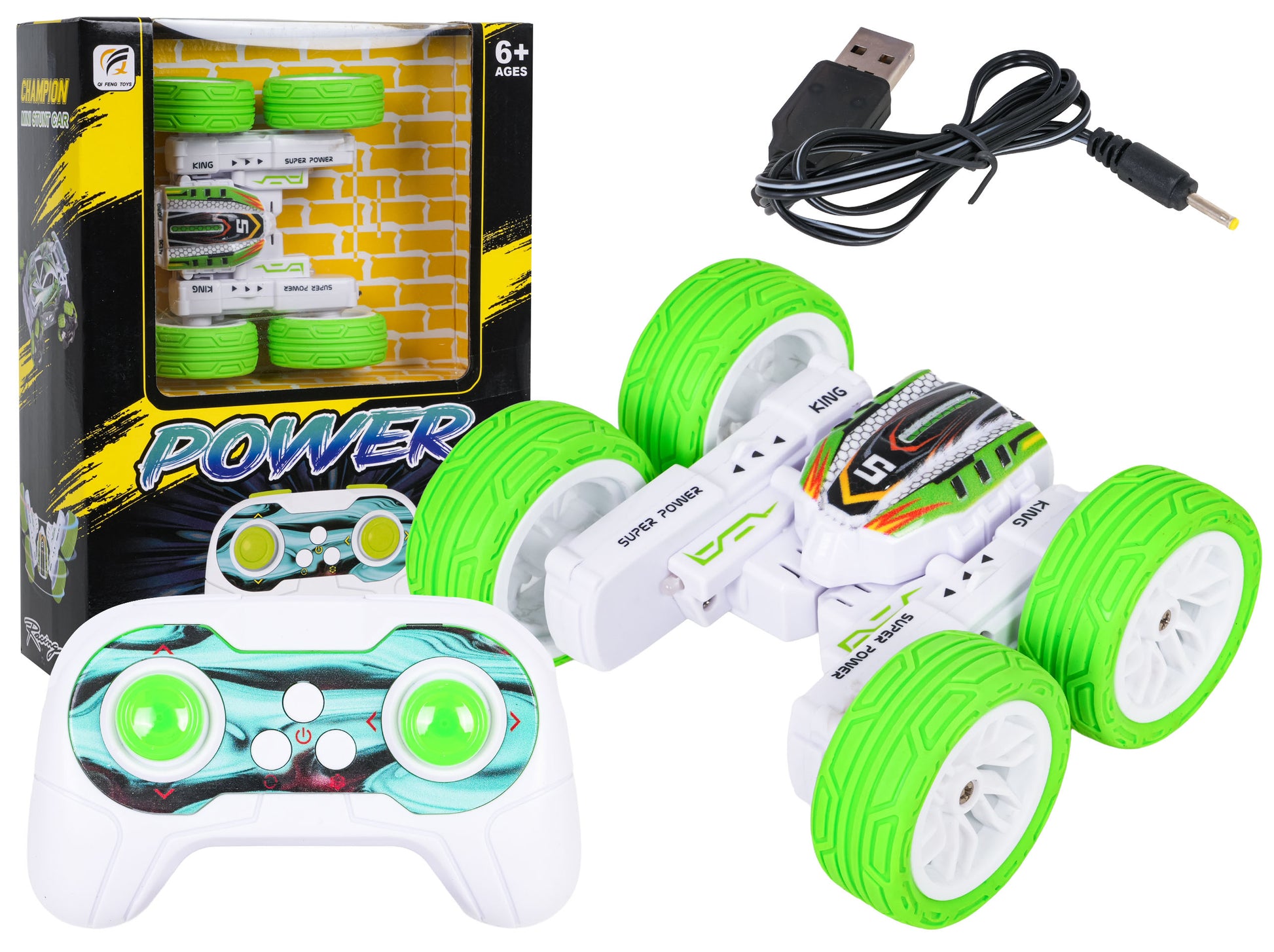 R/C kaskadieru auto 1:32 ar zaļām gumijas riepām, tālvadības pulti un USB uzlādes kabeli