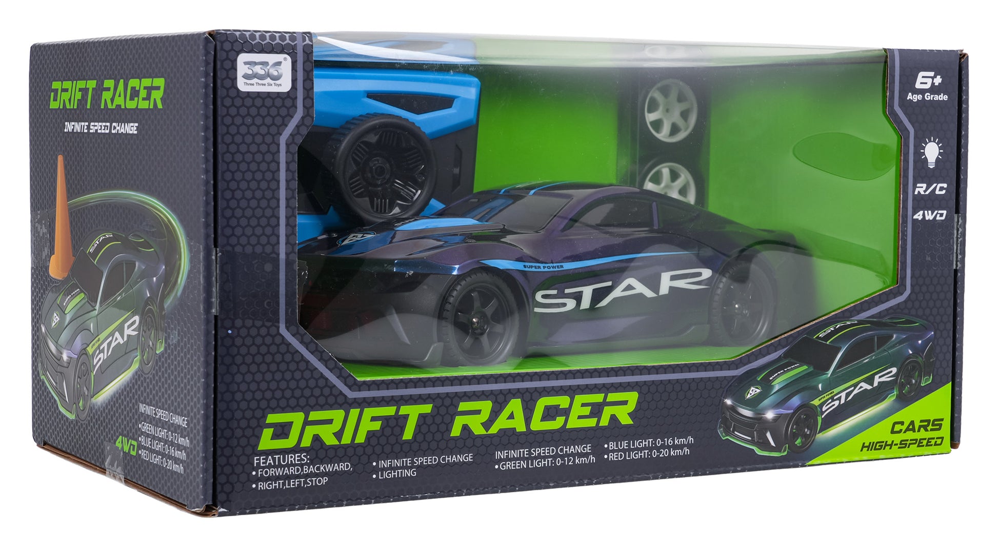 R/C drift mašīna “Star” iepakojumā ar tālvadības pulti un maināmiem riteņiem