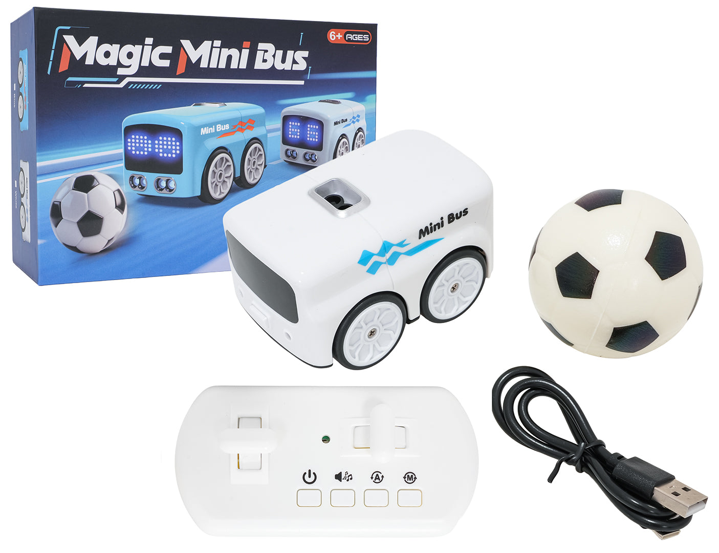 Balts R C mini autobuss ar tālvadības pulti žestu vadību mīksto bumbu un USB C uzlādes kabeli