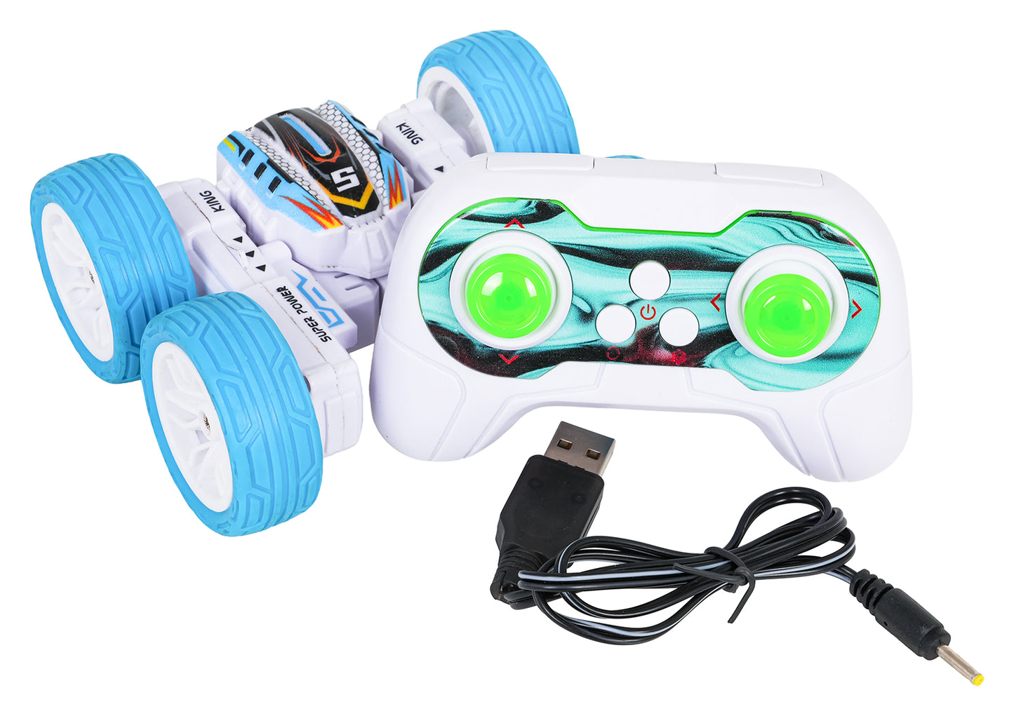 R/C mini stunt car ar tālvadības pulti un USB uzlādes kabeli, balti zilā krāsā