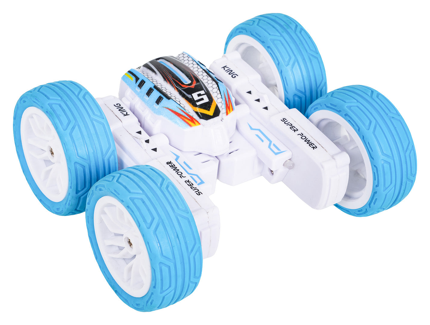R/C mini stunt car kaskadieru mašīna ar baltu korpusu un zilām riepām
