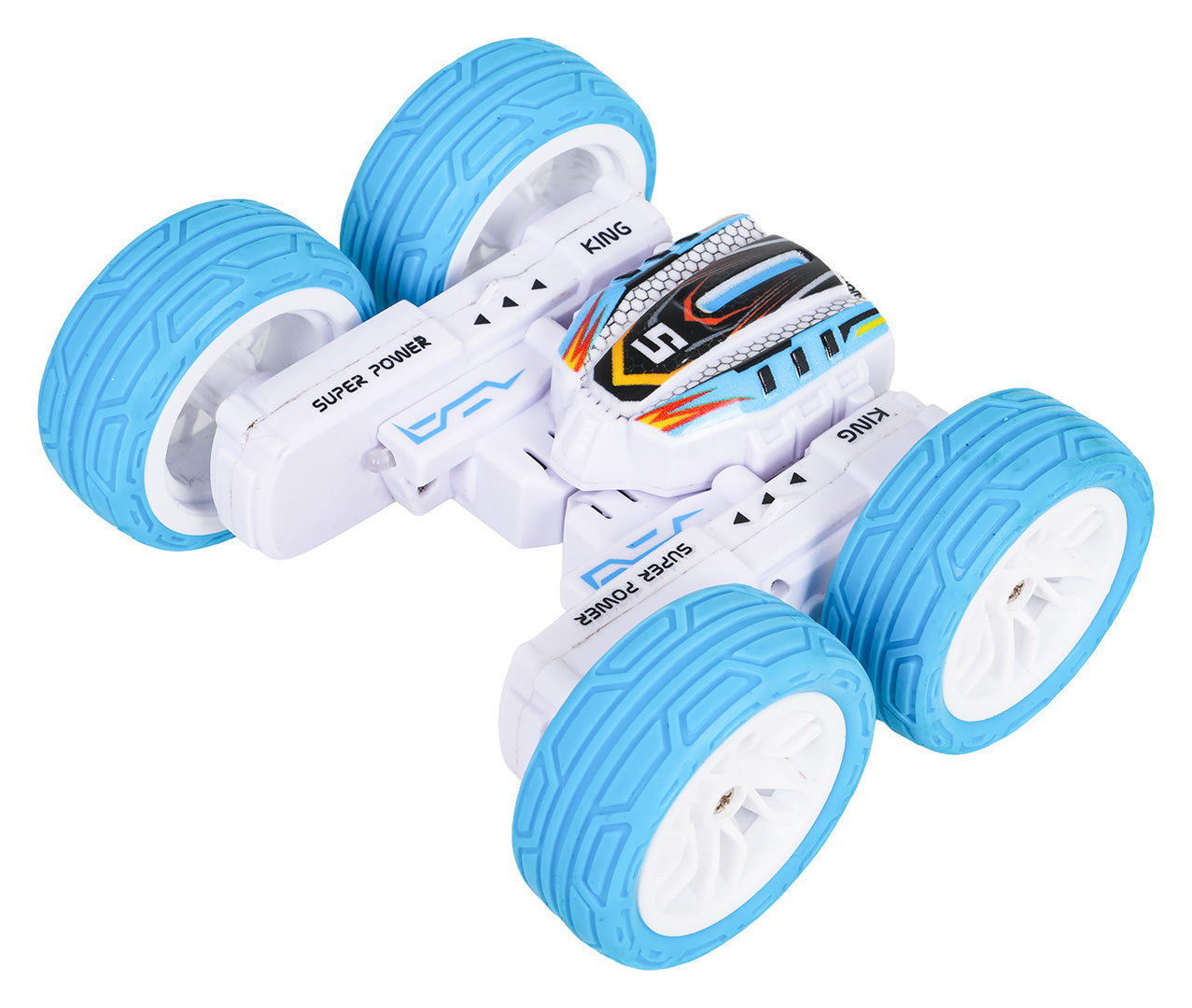 R/C mini stunt car kaskadieru mašīna ar baltu korpusu un zilām riepām skatā no augšas
